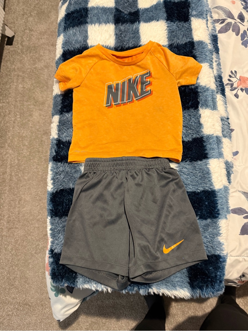 Nike Orange Graphic Tee and Gray Athletic Shorts